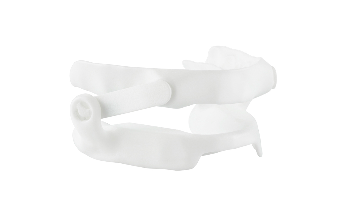 White Panthera Classic custom oral appliance with side connecting rods, shown from the side